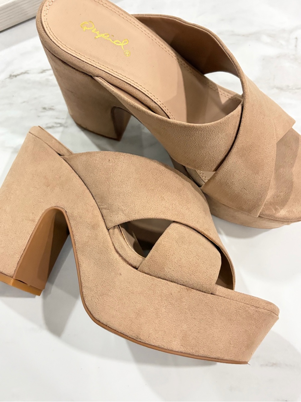 Qupid Taupe Crisscross Suede Slide Mules - Picture 2 of 7